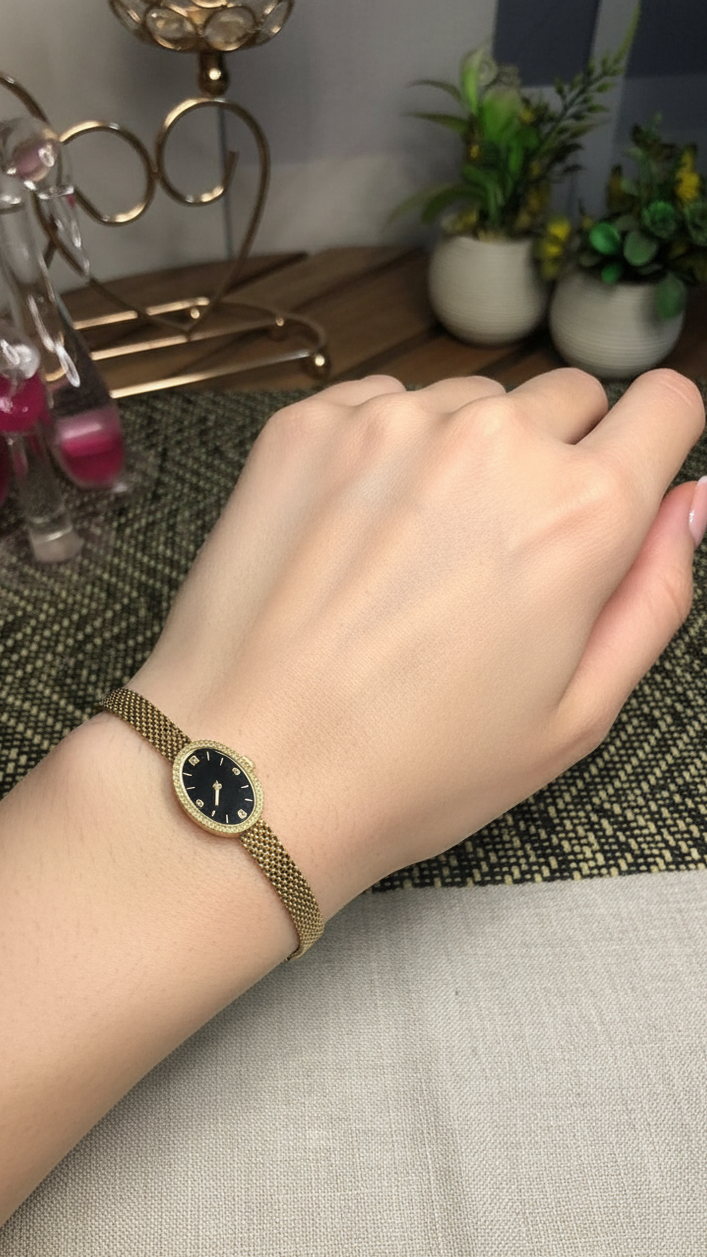 A gold mesh bracelet watch with a round black dial and gold bezel, shown worn on a person's wrist. The background features a wooden table, decorative plants, and home decor items.